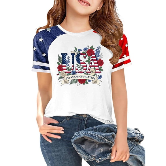 Grblisyd 4th of July Girls Shirts Size 10-12 American Flag T-Shirts250 Anniversary USA Graphic Independence Day Crew Neck Short Sleeve Outfit for Kids
