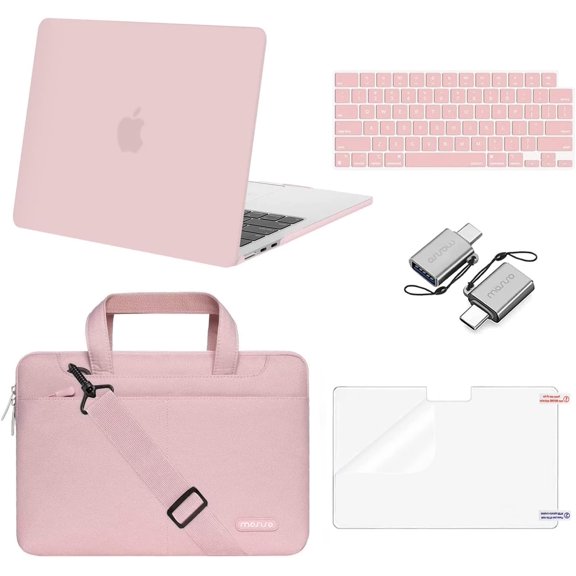 Mosiso 5 in 1 MacBook Air 13.6 inch Case 2025-2022 M4 A3240 M3 A3113 M2 A2681, Plastic Hard Shell Case&Shoulder Bag&Keyboard Cover&Screen Protector&Type C Adapter 2 Pack, Baby Pink