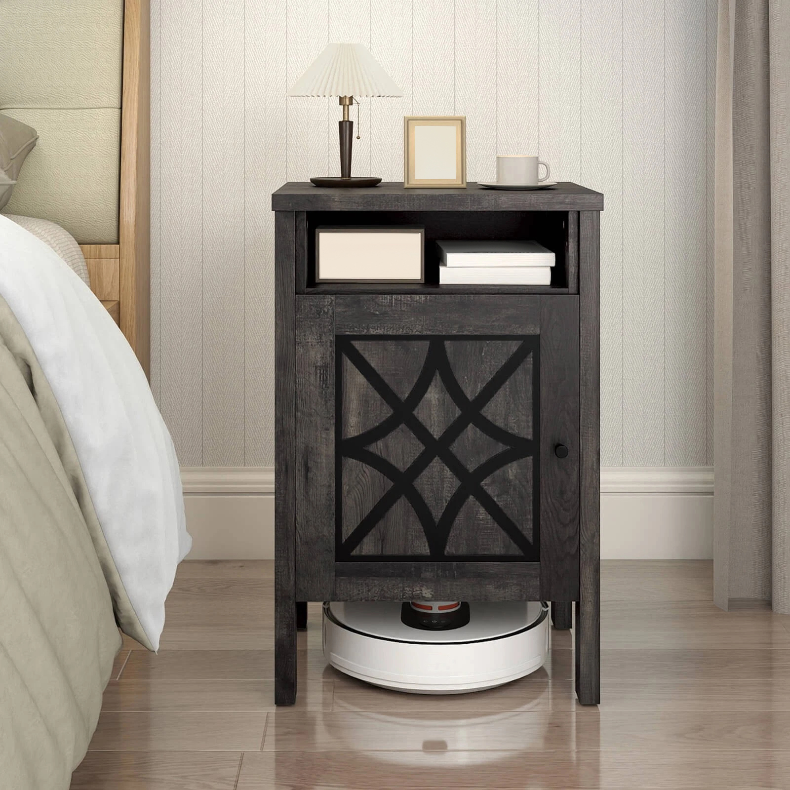DRAZUNO Robot Vacuum Stand Cabinet with Door & Open Shelf for Home Office Living Room