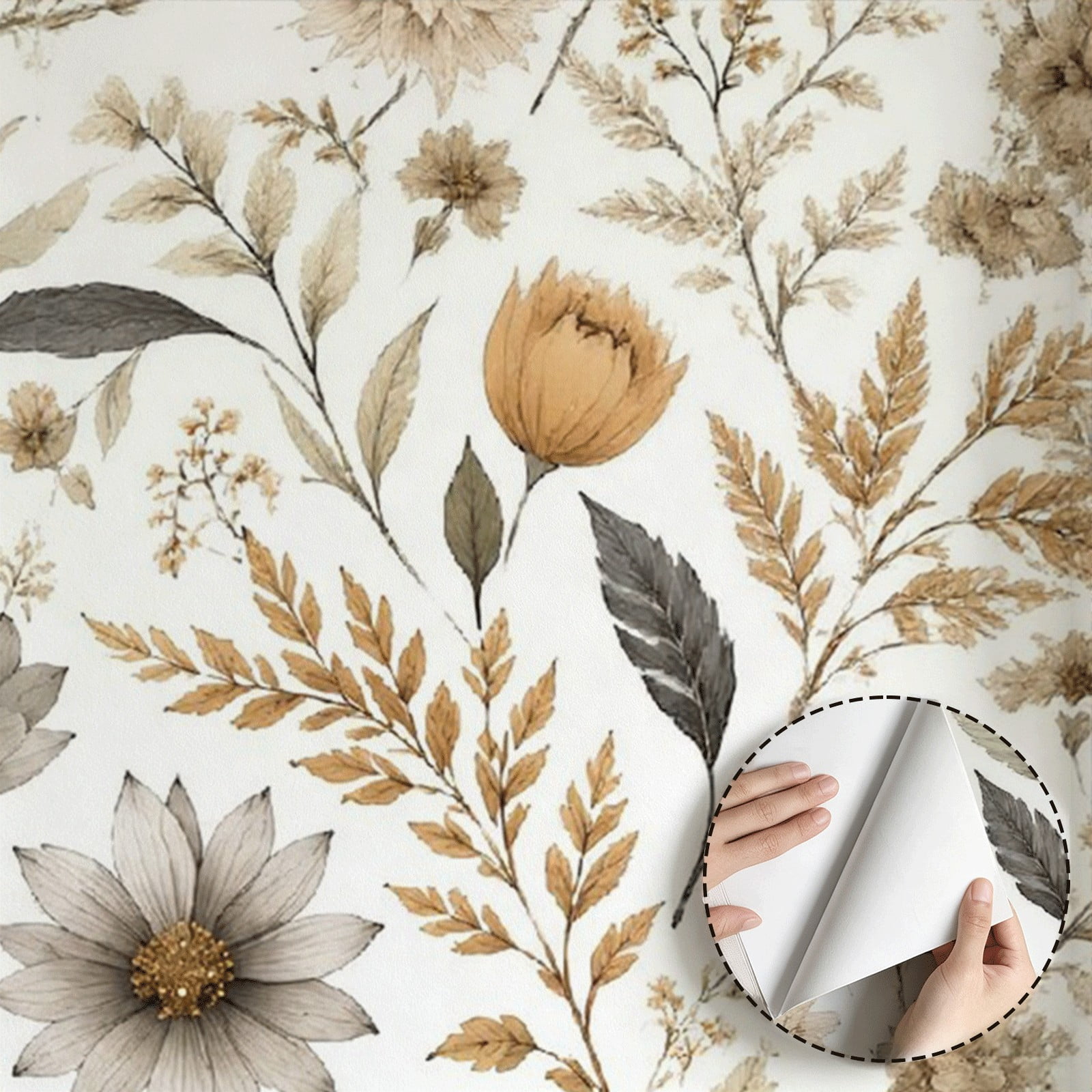 Watercolor Neutral Floral Wallpaper, Rustic Boho Vintage peel and stick wallpaper, waterproof, Wall Decoration for Living Room, Bedroom, Bathroom, Kitchen Cabinet, renter friendly [17.7 * 118 in]