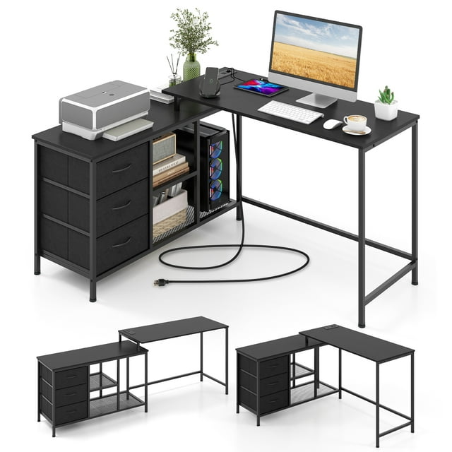 Patiojoy L-Shaped Computer Desk with Drawers & Shelves 81" Convertible Home Office Desk with Charging Station Black