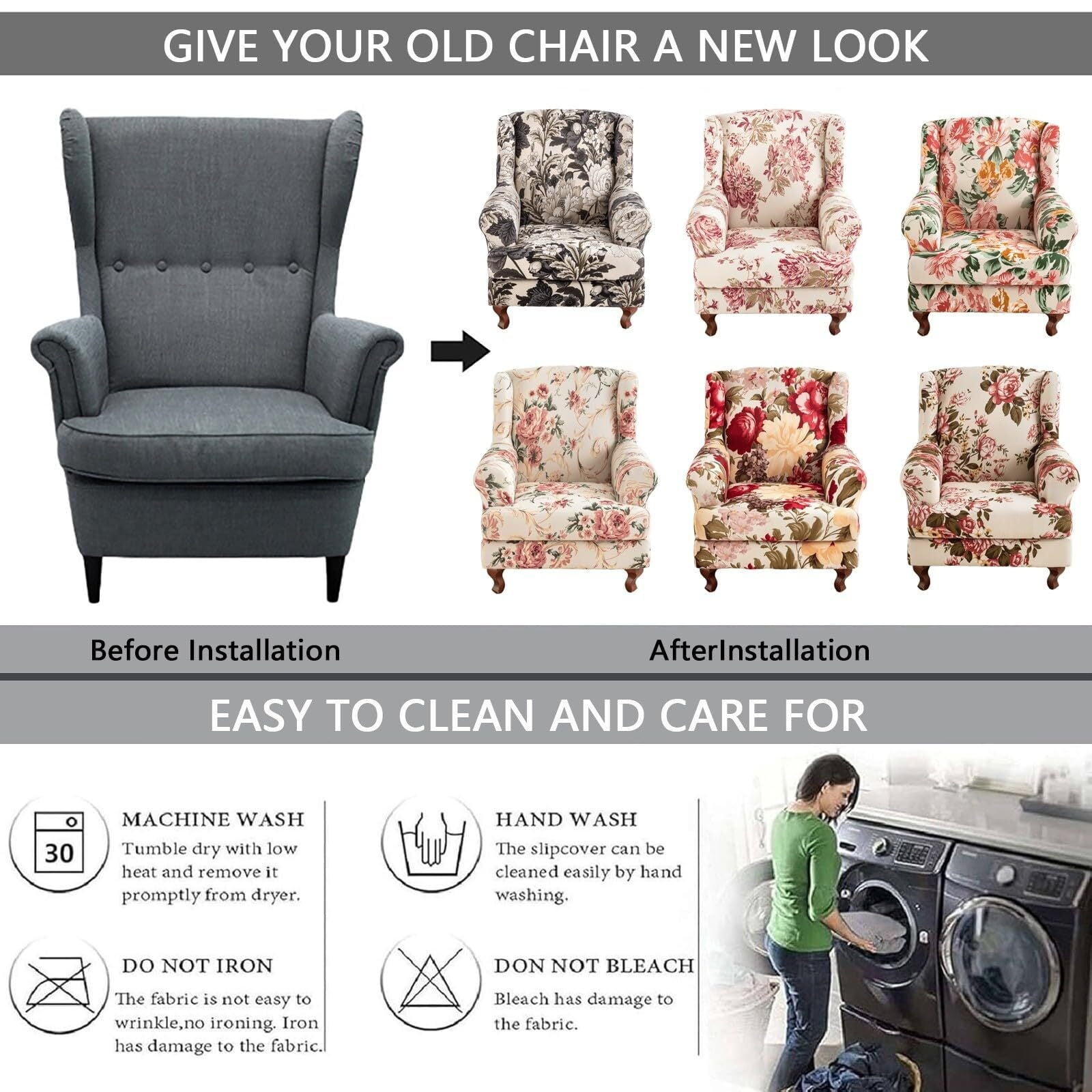 LKJYER Wing Back Wing Back,Stretch Printed Wingback Chair Slipcover with Elastic Bottom,No-Slip Universal Four Seasons for Armchair Sofa Cover Home Decoration