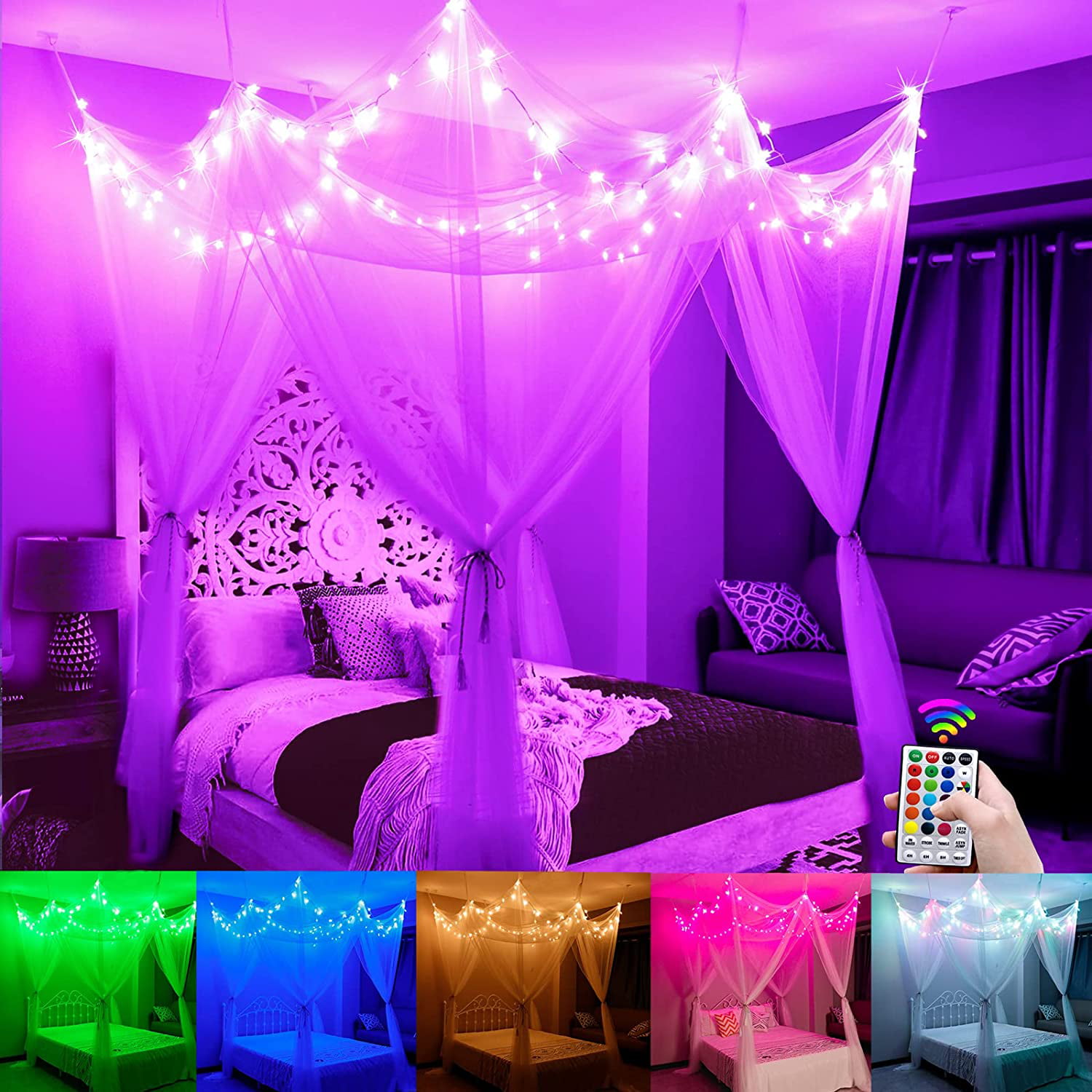 Girls Or Adults Topyuan Princess Mosquito Net for Bed 4 Colors LED Sting Lights Canopy Bed Curtain Netting for Baby Kids 1 Entry,for Single to King Size Beds