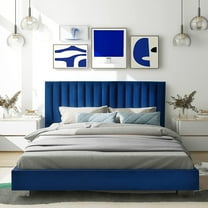 Costway Upholstered Bed Frame Full Size Modern Platform Bed with Vertical Channel Headboard No Box Spring Needed Navy