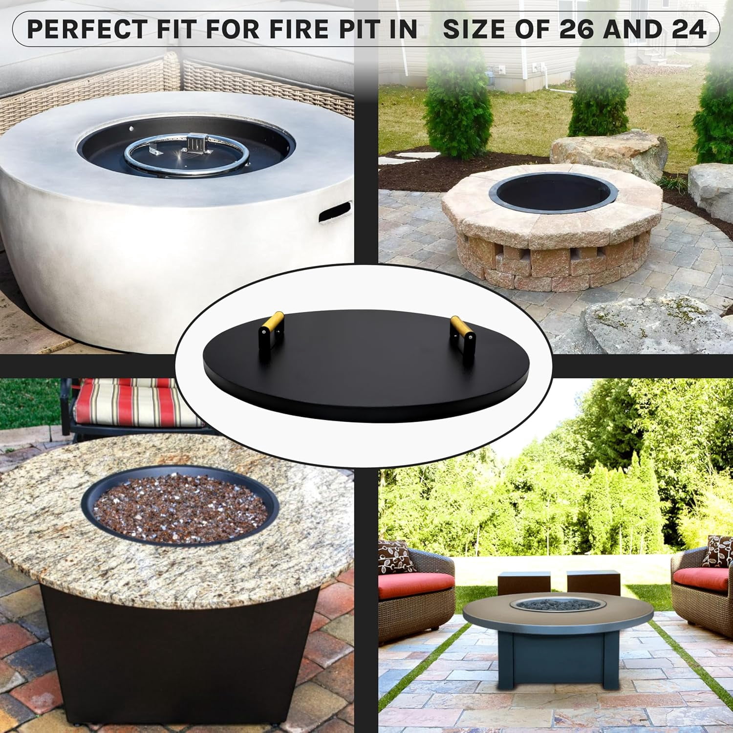 28” Round Fire Pit Lid – Heat Resistant fire pit cover round metal for Outdoor Fireplace -16 Gauge Steel Flat Fire Pit Burner Pan Cover with 2 Wooden Handles Snuffer Lid for Patio FirePit Ring