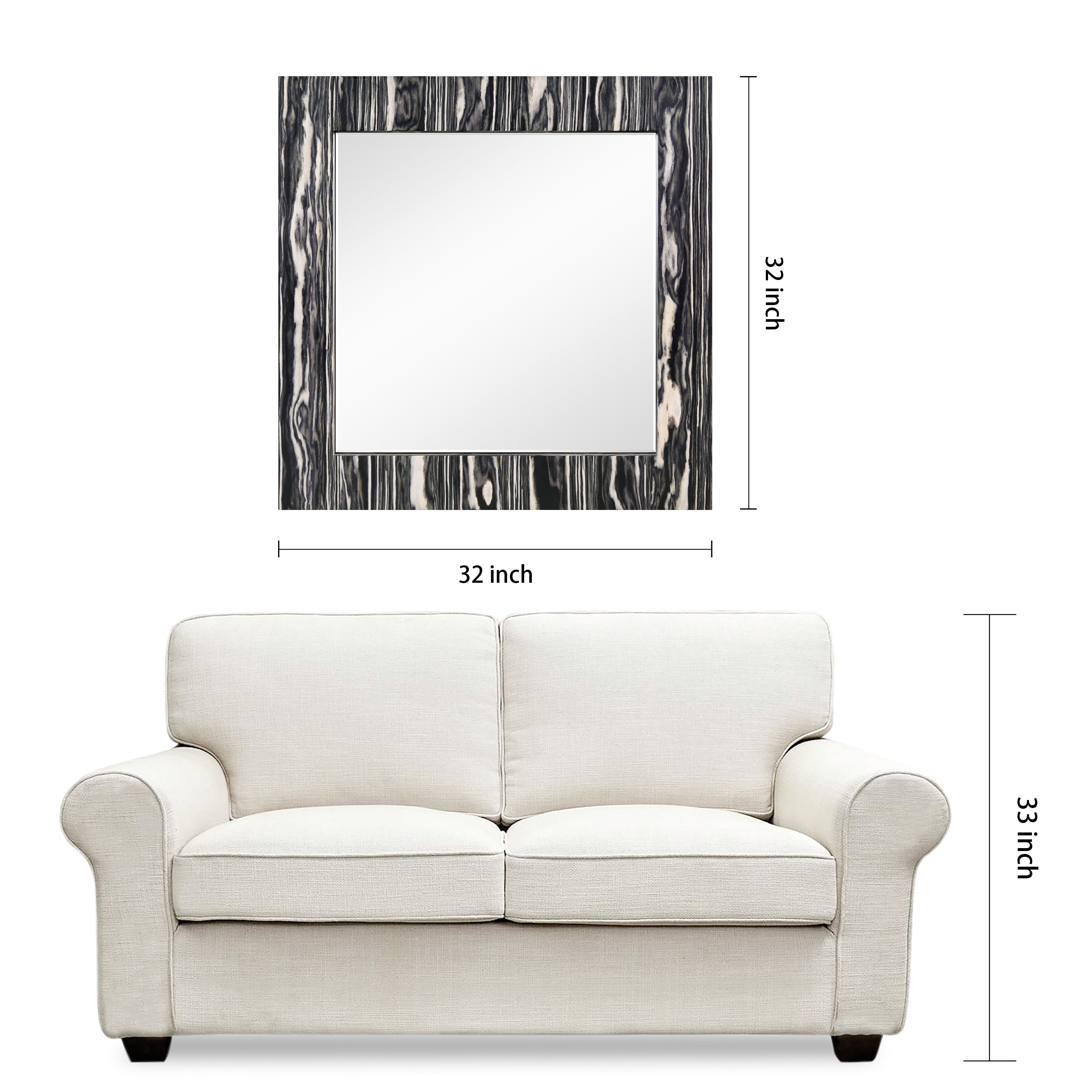 "Zebra Elegance Wall Mirror", 32"x32" Square Mirror Featuring a 24"x24" Beveled Center on a 4" Exotica Stained Veneer Frame