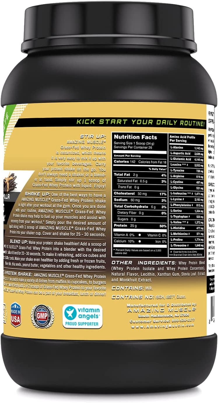 Amazing Muscle Grass Fed Whey Protein (Isolate & Concentrate)- 2Lbs Supplement | Vanilla Flavor | Non-GMO | Gluten Free | Made in USA