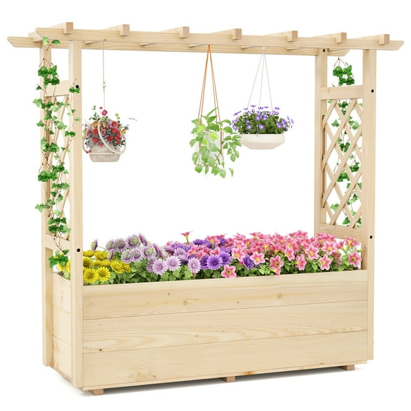 Gymax Wooden Raised Garden Bed/ Lattice Trellises Hanging Roof Drainage Indoor Outdoor