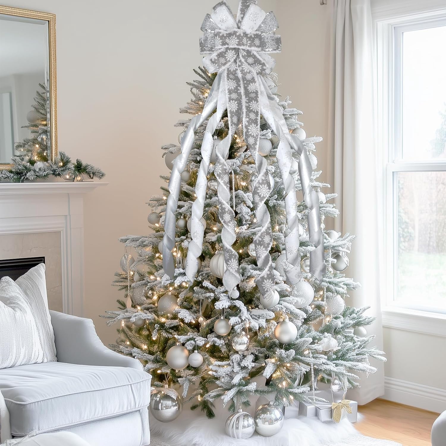 Large Christmas Tree Topper Bow 52x13 Inch, Pre-Tied Wired Ribbon Wreath Bows, Xmas Ornaments with Long Wired Edge Streamer for Holiday Thanksgiving Indoor Outdoor Party Decoration (Silver)