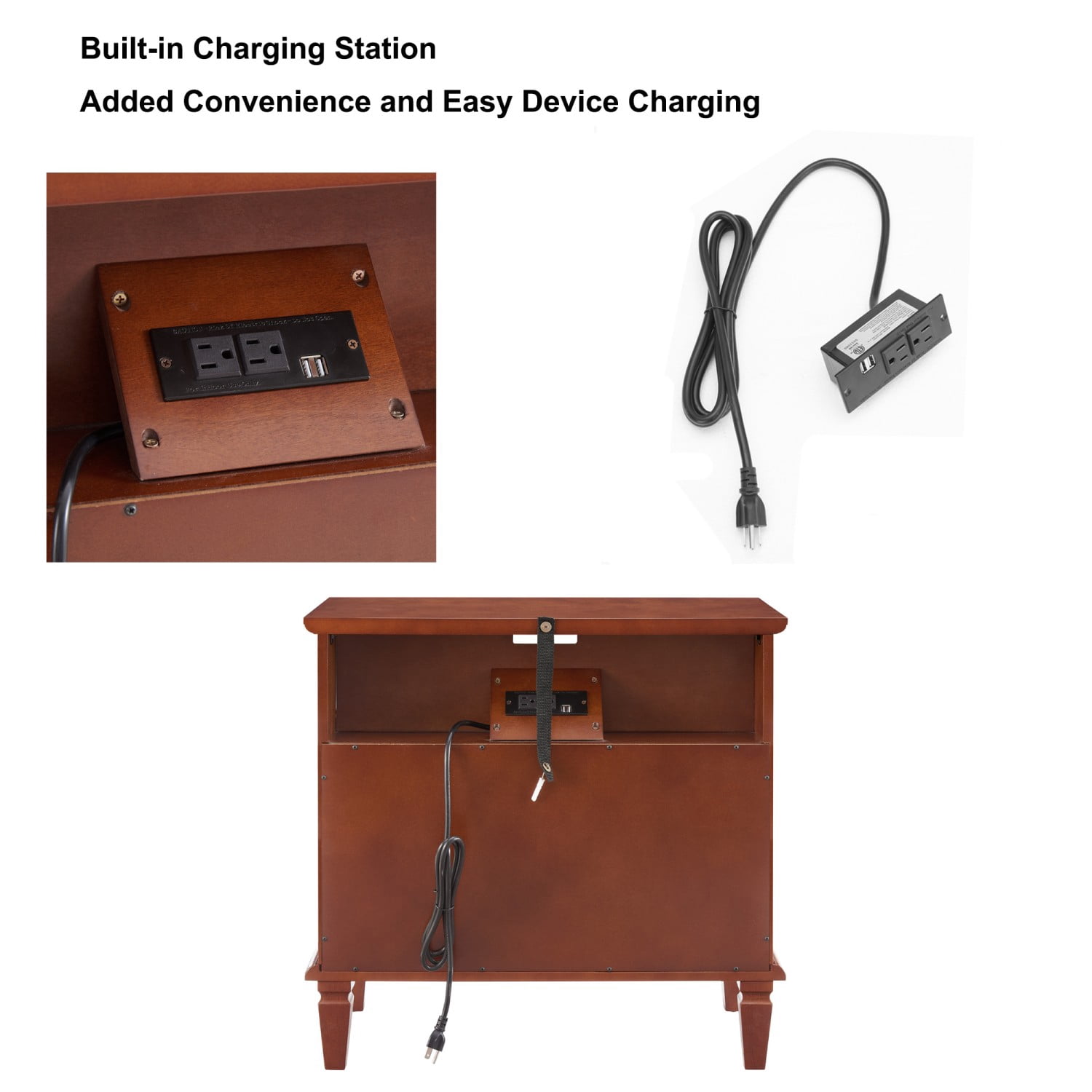 Nightstand with Charging Station, Farmhouse End Table with 2 Drawers and Open Shelf, USB Ports & Outlets, Fluted Design Bedside Table with Solid Wood Legs, Walnut