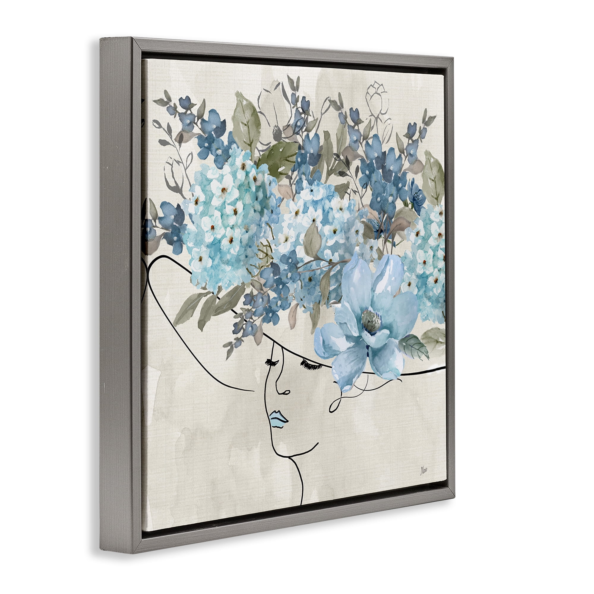 Stupell Industries Blue Floral Hat Botanical & Floral Painting Gray Floater Framed Art Print Wall Art, 25 x 25