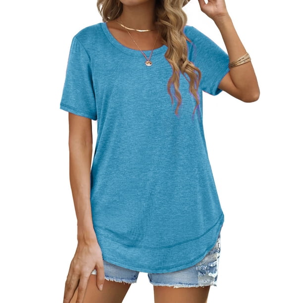 Camiseta con cuello redondo, holgada, transpirable, dobladillo curvo, camiseta con cuello redondo, manga corta informal para mujer