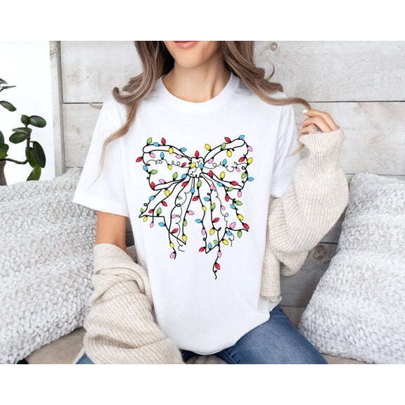 MiyazakiLy Christmas Bow Shirt, String Light Bow Shirt, Christmas Family Party Shirt, Xmas Shirt, Christmas Girly Squad Shirt