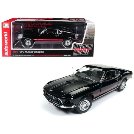 1969 Mustang Model Car Kit 1969 Ford Mustang Mach 1 Raven Black with Red Stripes Limited Edition to 1004 pieces 1/18 Diecast Model Car by Autoworld ()