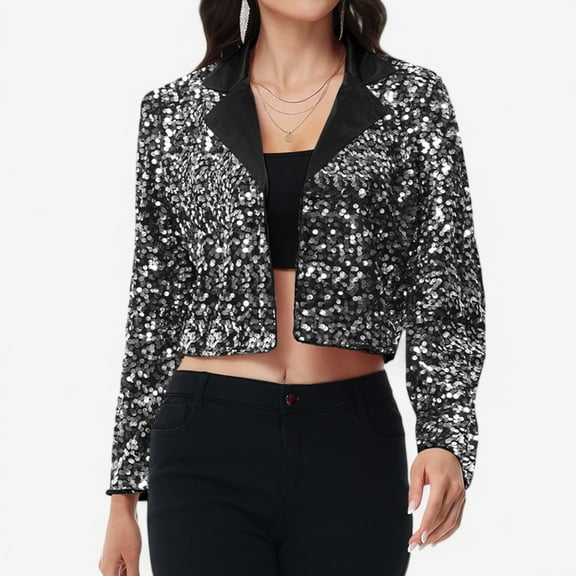 Women's Sequin Cropped Blazer Long Sleeve Sparkly Open Front Jacket - Large, Black and Silver