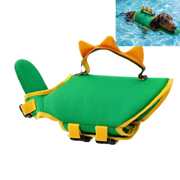 Dinosaur Dog Life Jacket with Chin Float, High Buoyancy Dog Swimming Vest with Rescue Handle, Adjustable, Dinosaur Dog Life Jacket for Small and Large Dogs