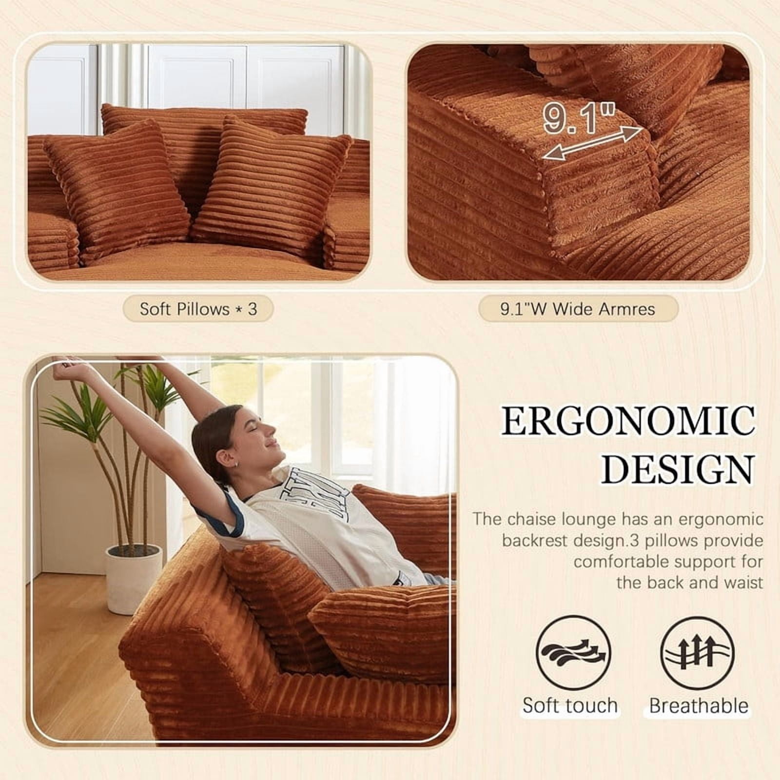 Oversized Chaise Lounge Chair Indoor, 78.7" Extra Deep Boneless Corduroy Lounge Couch Bed with 3 Pillows, Single Seat Reading Chairs for Living Room,Bedroom,Apartment