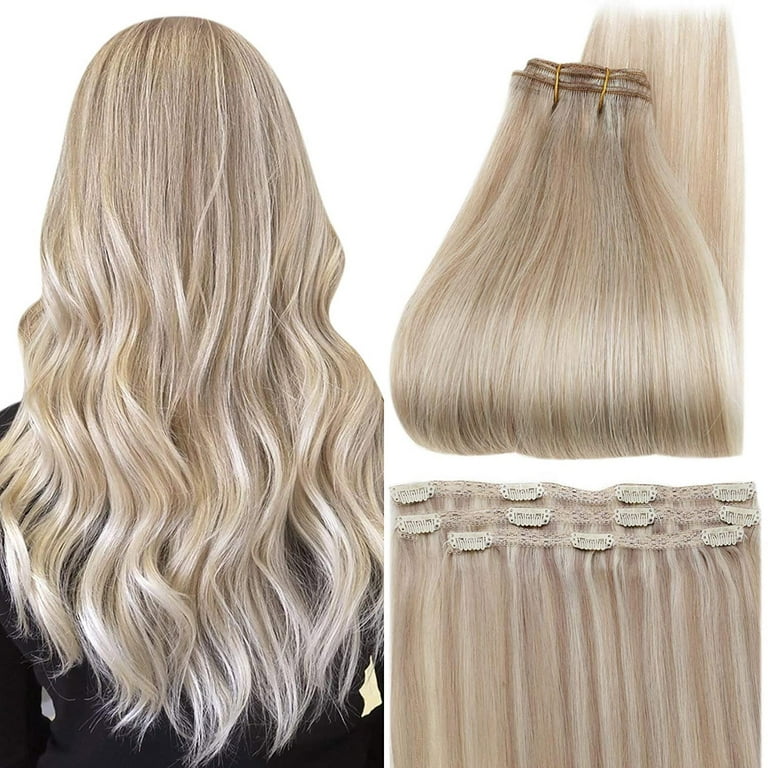 Full Shine Blonde Highlight Clip in Hair Extensions Human Hair 20
