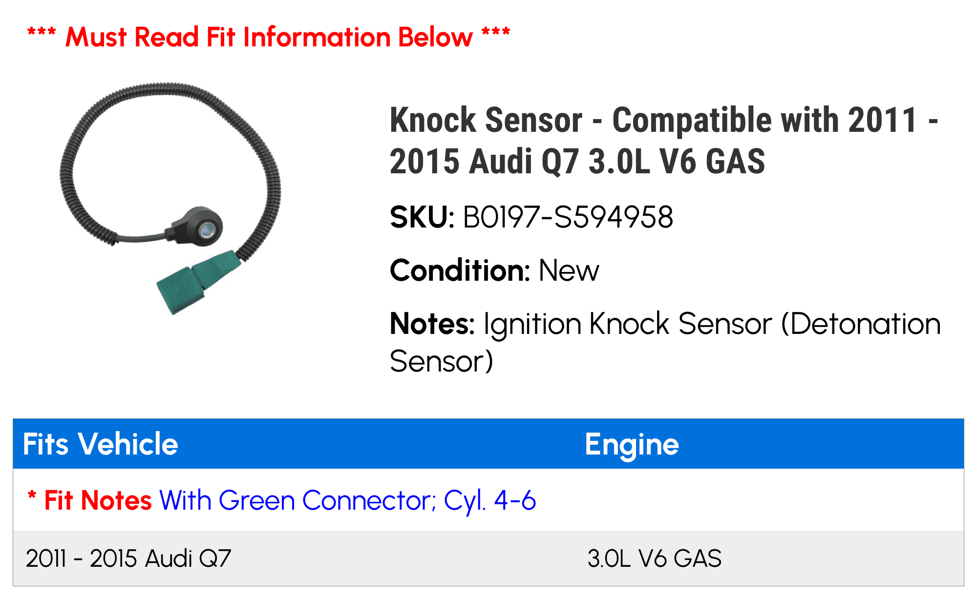 Knock Sensor - Compatible with 2011 - 2015 Audi Q7 3.0L V6 GAS 2012 2013 2014