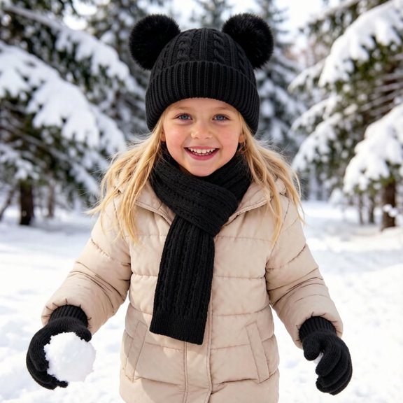 3 Pcs Kids Winter Knit Hat Scarf Gloves Set for Boys Girls Pompom Beanie Thick Thermal Sets for Outdoor Ski Wear Black 3-12 Years