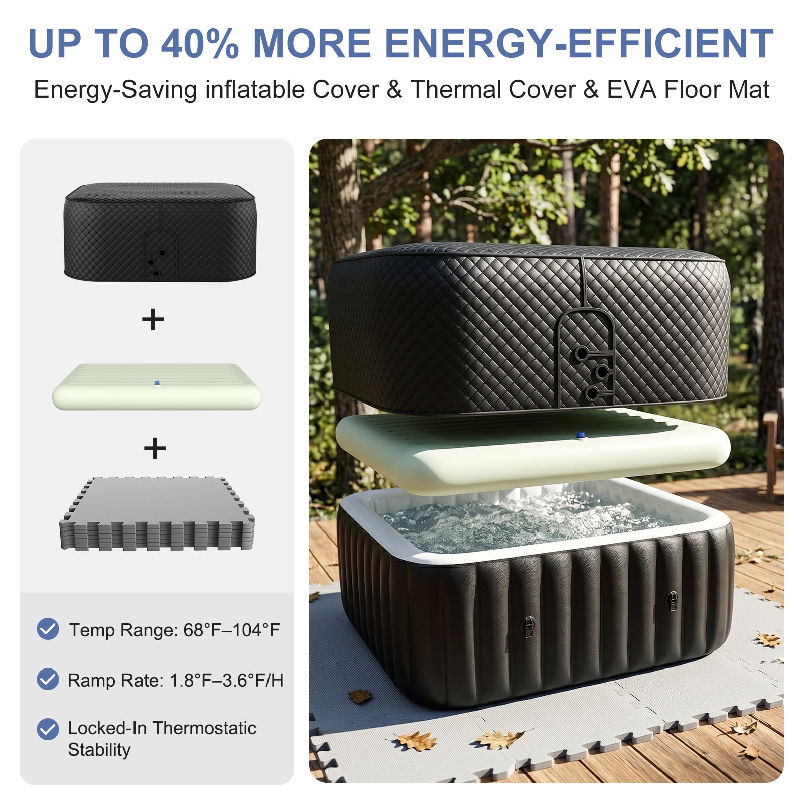 FICISOG Inflatable Hot Tub Set, 6 Person 73" Energy Efficient Hot Tub SPA with Bubble Jet, Heater Pump, 4 Filters, Insulated Tub Cover and EVA Floor Mat, Portable Family Pool Hot Tub for Patio