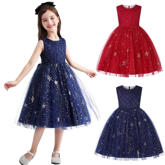 Trendfront Girls Ball Gown Party Dress Mid-Length Sleeveless Crew Neck Star Pattern Sequin Glitz Starry Mesh Pearl Accent Pageant Evening Gown