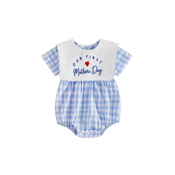 BemeyourBBs Baby Our First Mothers Day Outfit Newborn Baby Boy Girl Summer Clothes Plaid Bubble Romper Crew Neck Short Sleeve Plaid Print Letters Heart Embroidery Bodysuit Jumpsuit