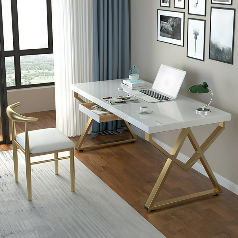 Homary 47 Modern Rectangular White Writing Desk Metal Base Wooden Home Office Desk with Drawer Walmart