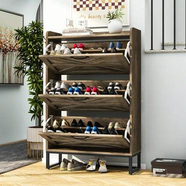 Uforic Farmhouse Shoe Cabinet with 3 Flip Drawers, Narrow Shoe Storage for 24 Pairs, Washed Grey