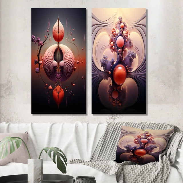 Designart "Cosmic Flux Abstract Multiverse Metamorphosis IV" Abstract Shapes Wall Art Set Of 2 - Transitional Orange Wall Decor Set Of 2