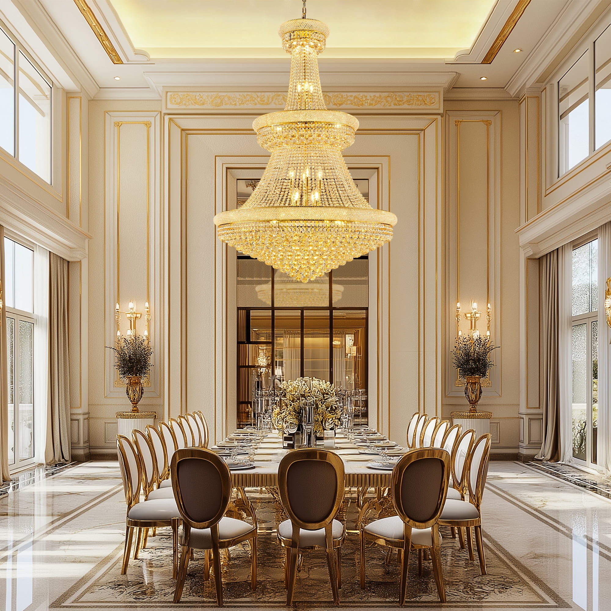 Luxury Empire Gold Crystal Chandelier, 3-Tier K9 Crystal Raindrop Ceiling Light Fixture, 36 E12 Bulbs Included, Adjustable Chain for High Ceiling Foyer, Grand Staircase, Living Room (42" W*61" H)