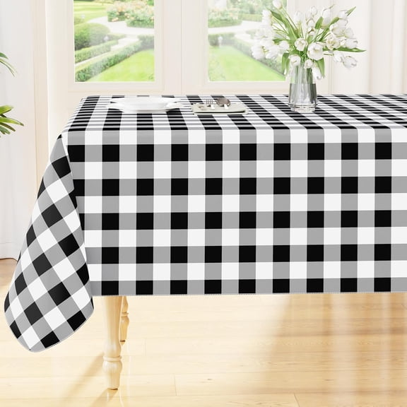 decorUhome Rectangle Tablecloth, Waterproof Vinyl Flannel Backed Table Cloth, Buffalo Wipeable Plastic Table Cover for Kitchen and Outdoor, Black and White, 60" x 84"