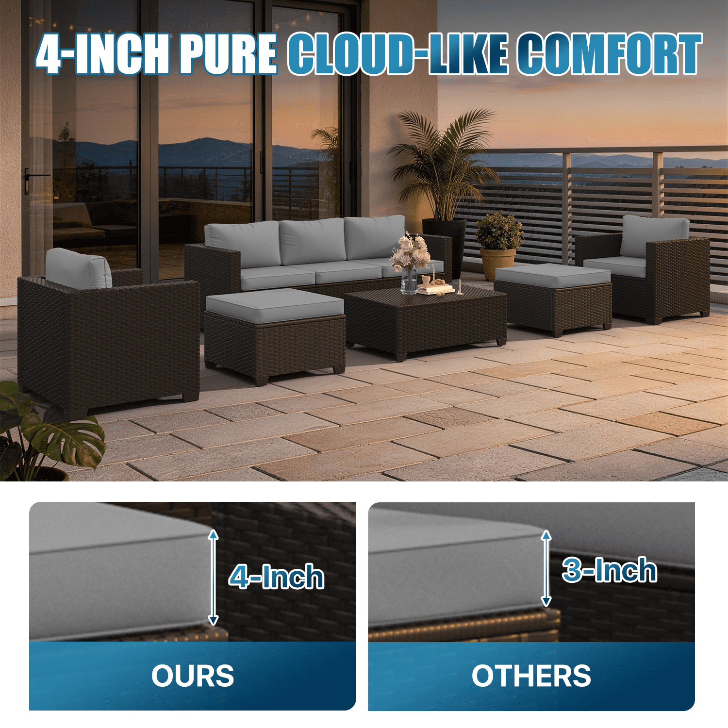 Sunmthink 8 Piece Patio Furniture Set, Rattan Wicker Patio Conversation Set Outdoor Furniture, Light Gray
