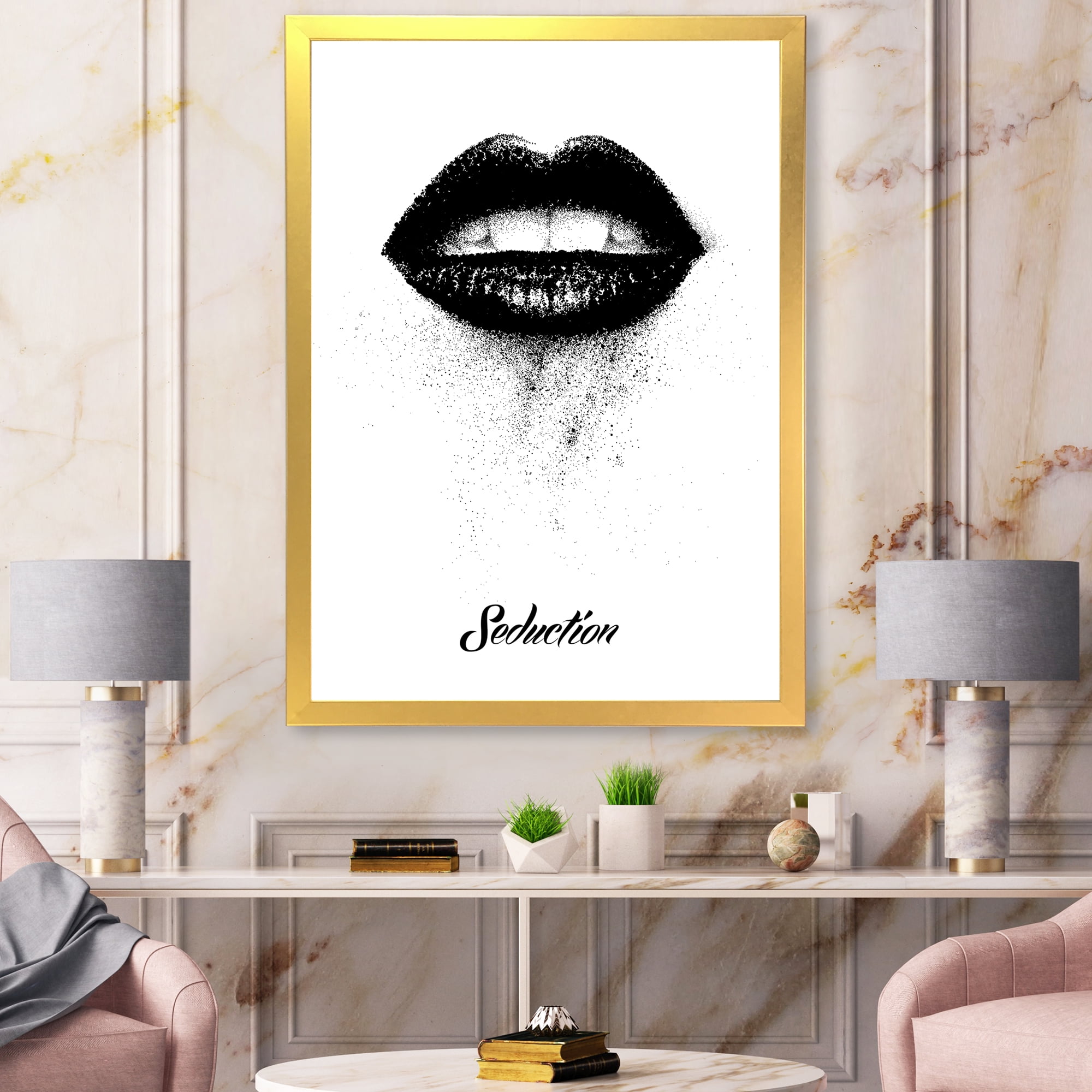 Designart 'Monochrome Black Female Lips' Modern Framed Art Print