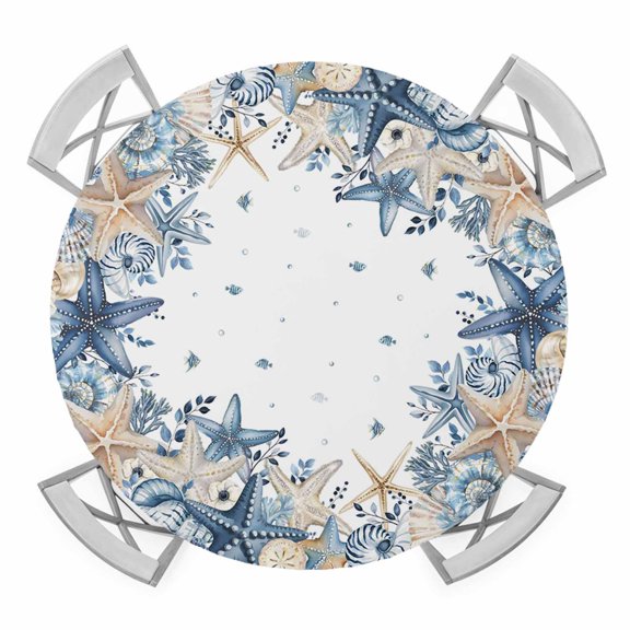 Elastic Fitted Round Tablecloth, Blue Coastal Waterproof Stretch Table Cover for 55"-60" Tables, Summer Beach Starfish Nautical Eucalyptus Ocean Washable Outdoor Tablecloths for Patio, Picnic