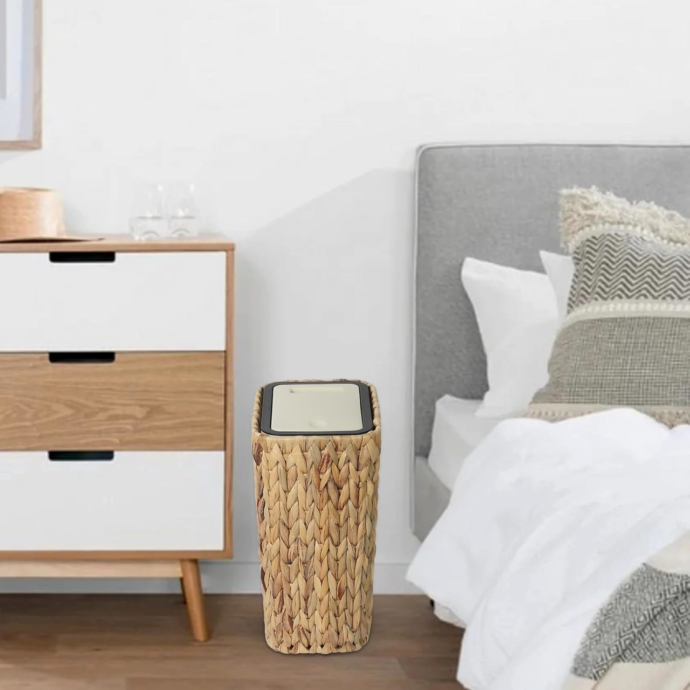 Noble House 2.6 Gallon Boho Rattan Bathroom Trash Can with Press Top Lid, Slim Lidded Wastebasket, Light Brown