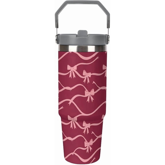 30 Oz Insulated Tumblers with Flip Straw Lid Top Handle Striped Bows Pink Leakproof Reusable Vacuum Stainless Steel Travel Coffee Mug for Car