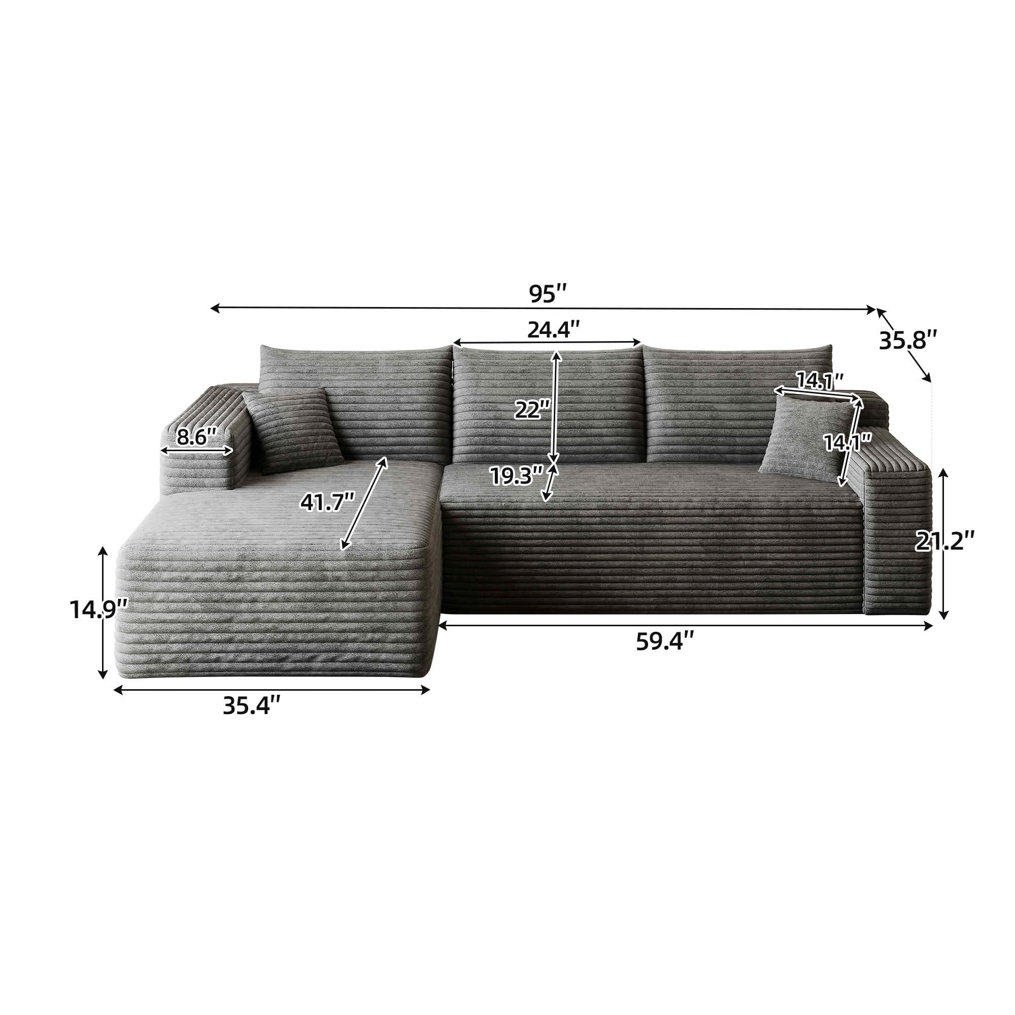 MAYEERTY 95" Corduroy L-Shaped Sectional Sofa, Modern Minimalist Deep Seat Corner Couch with Chaise, No Assembly Leisure Sofa for Home