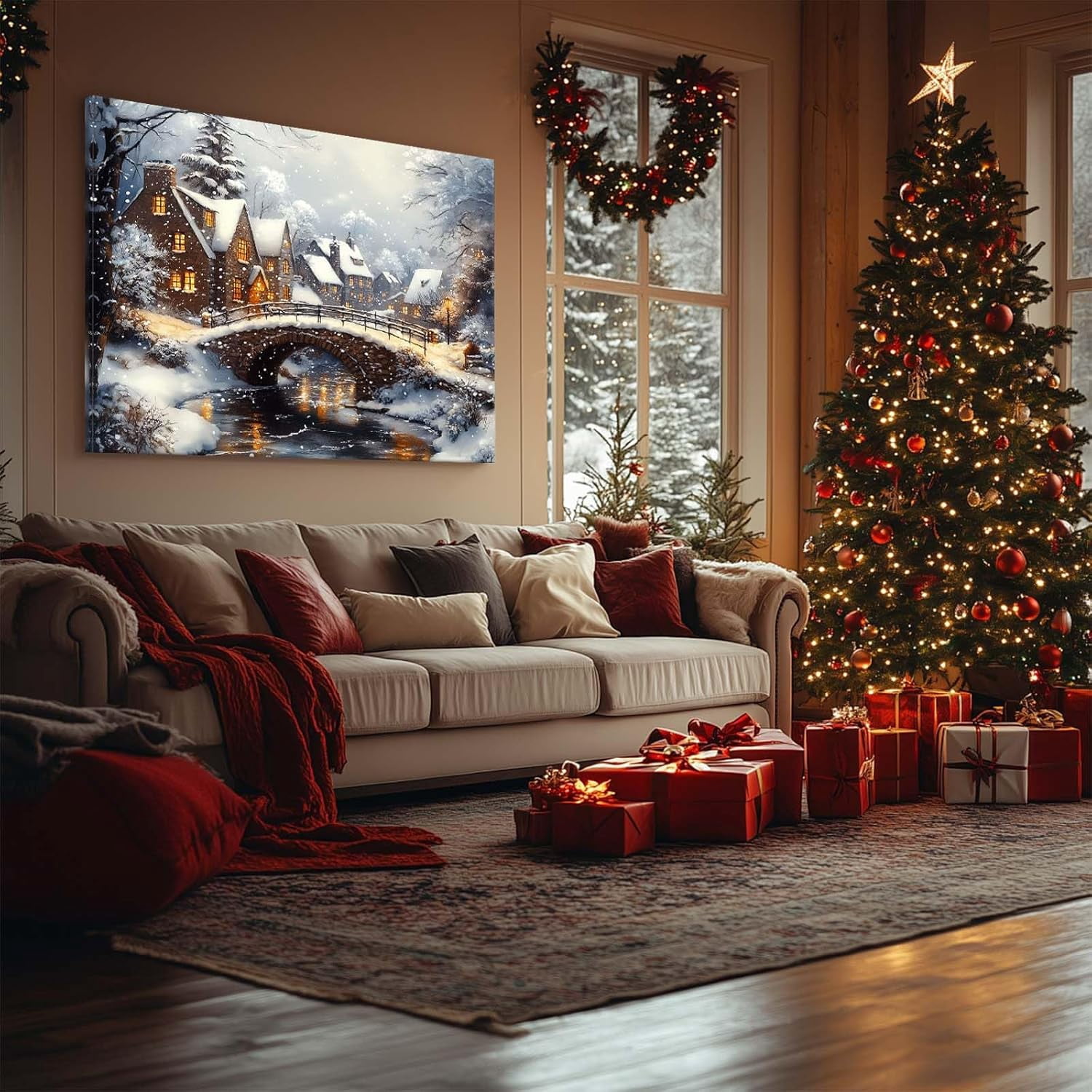 ChristmasCanvas Wall Art Decor with Nighttime Houses, Lights and Snowflakes, Festive Canvas Print for Room, Christmas-Themed Wall Décor for Celebration, Christmas Night Scene Wall Art, 20X24inch
