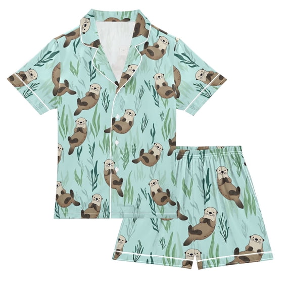 FORMRS Kids Short Sleeve Top and Pants Pajama Set Unisex Satin 2-Piece Sleepwear, Sizes 5-6Y, Green Otters Pattern
