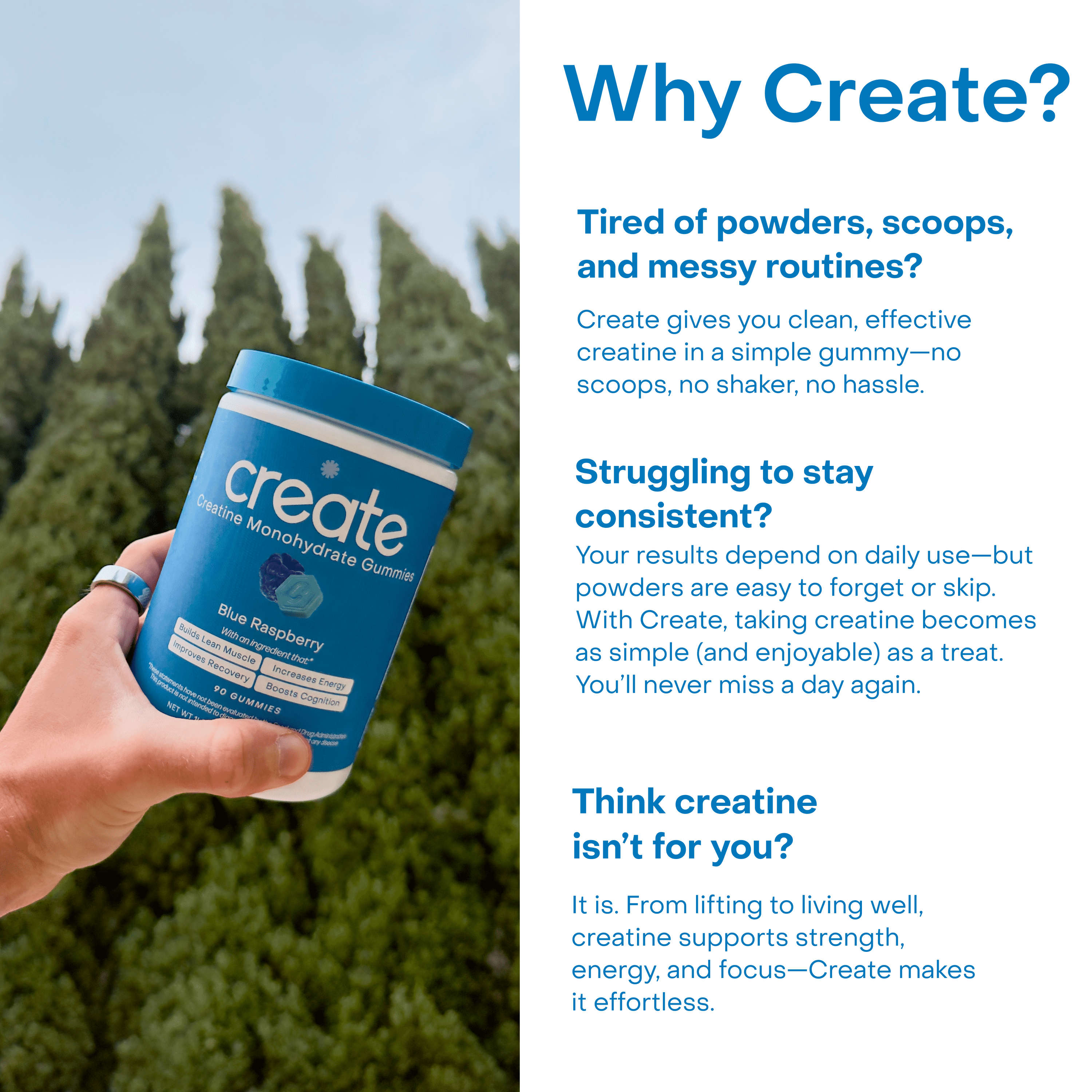 Create Blue Raspberry Creatine Gummies – 1.5g Creatine Monohydrate, Boost Strength & Focus, 90 Ct