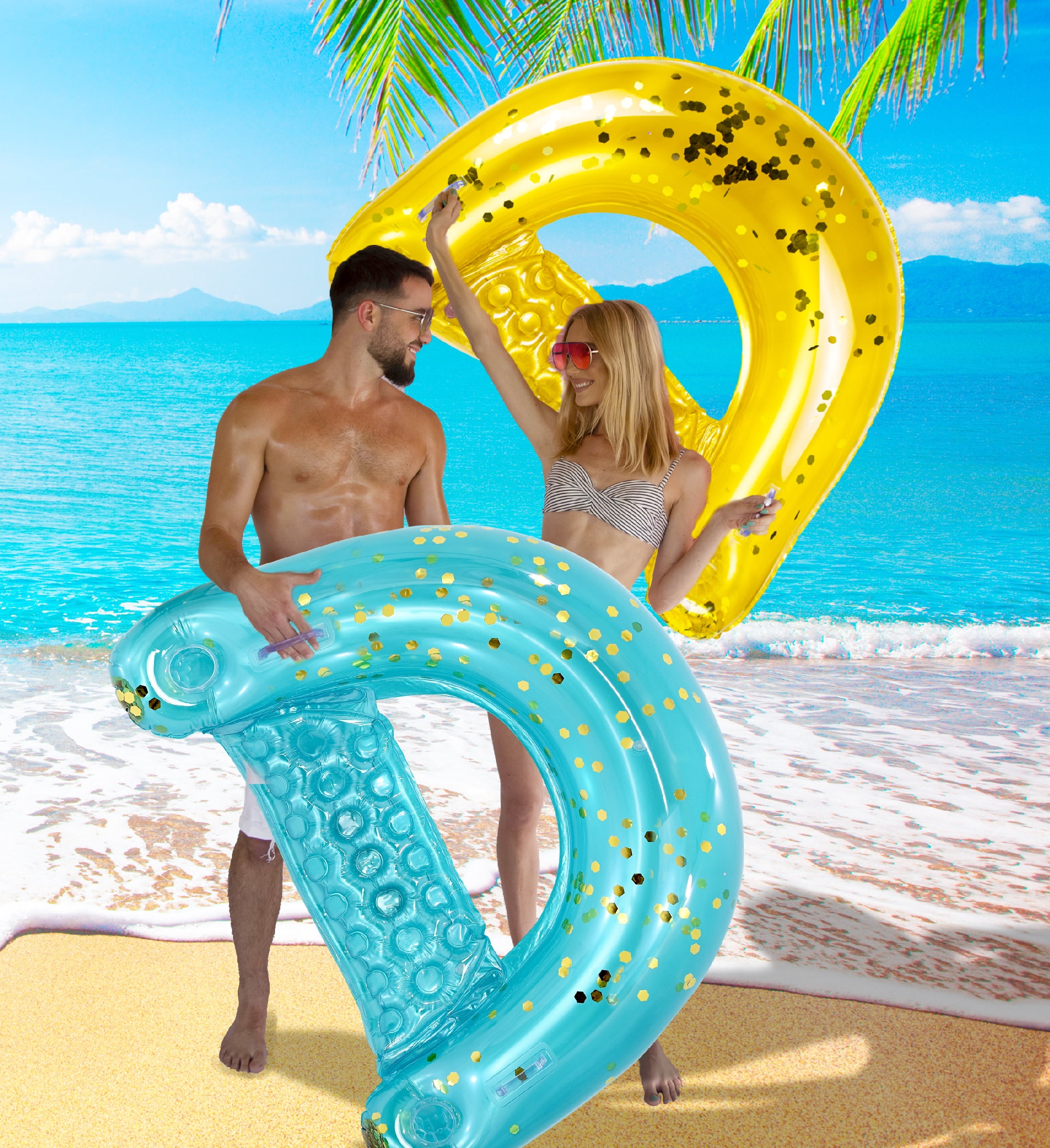 POZA Adult Inflatable Sparkle Confetti Chair Pool Float, 48"x38" with 2 Built in Cup Holders