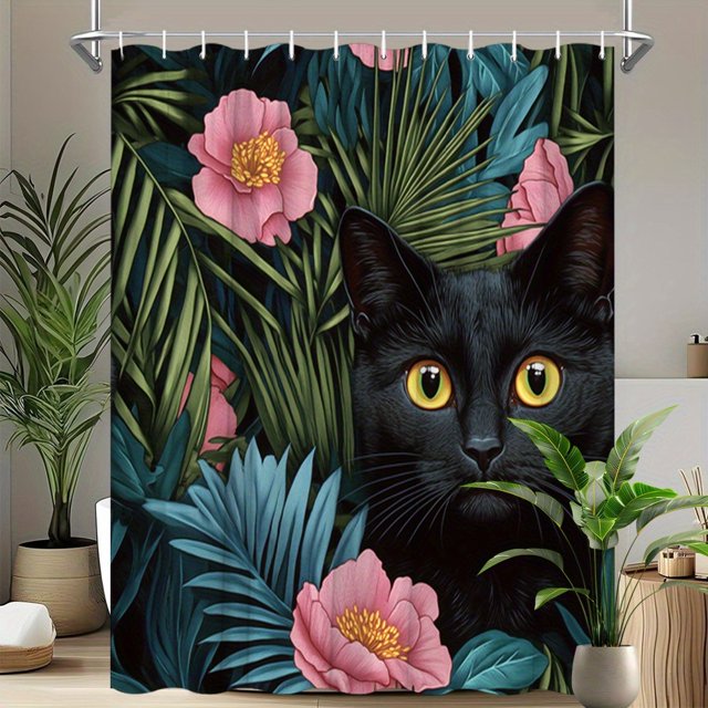 Cortina de ducha negra con forma de gato tropical, 180 x 200 cm, poliéster