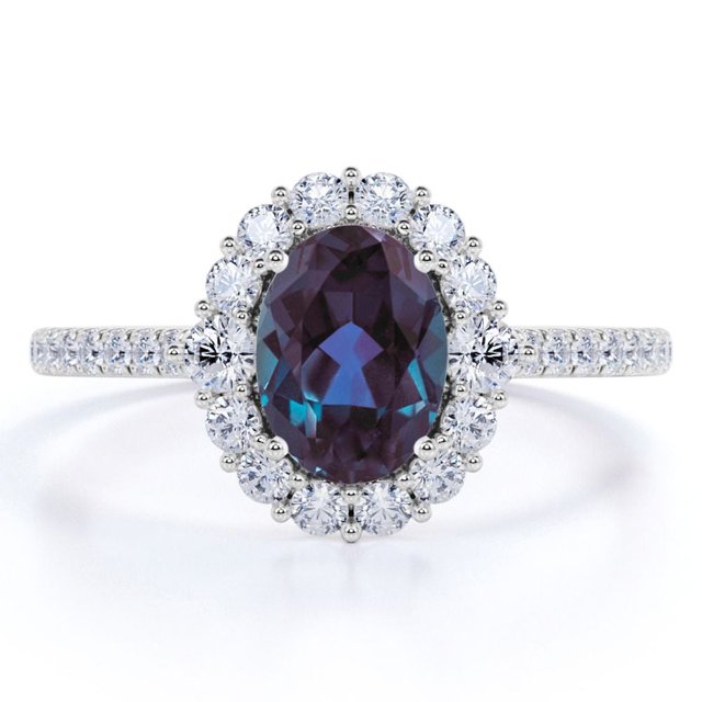 JeenMata Anillo de Compromiso con Gran Racimo de Alejandrita Sintética y Moissanita de Corte Ovalado de 1,5 Quilates: Estilo Anillo Lady Diana: Oro Blanco de 18 K sobre Plata