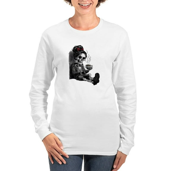 CafePress - Sitting And Holding A Steaming Cup Of Coffee Women's Long Sleeve T Shirt - Women's Long Sleeve Graphic Casual T-Shirt