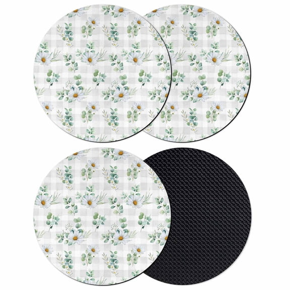 Daisy Coasters Set of 4, Absorbent Coasters for Drinks, Spring Eucalyptus Leaves Flowers Botanical Gray Plaid Coaster for Desk Coffee Table Protection, Home Decor House Warming Gifts 4"