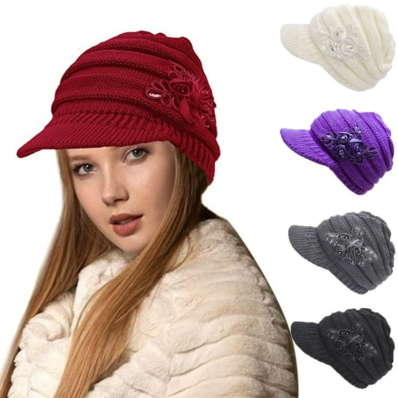 Yirtree Womens Hats Winter Beanie with Brim Warm Cable Knit Newsboy Cap Visor with Sequined Flower