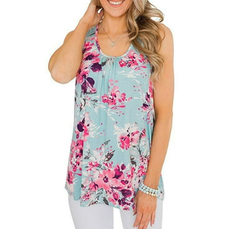 Womens Plus Size Floral Print Vest Sleeveless U Neck Tank Top Casual ...