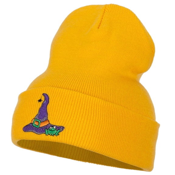 Witch Hat and Frog Embroidered Long Beanie - Yellow OSFM
