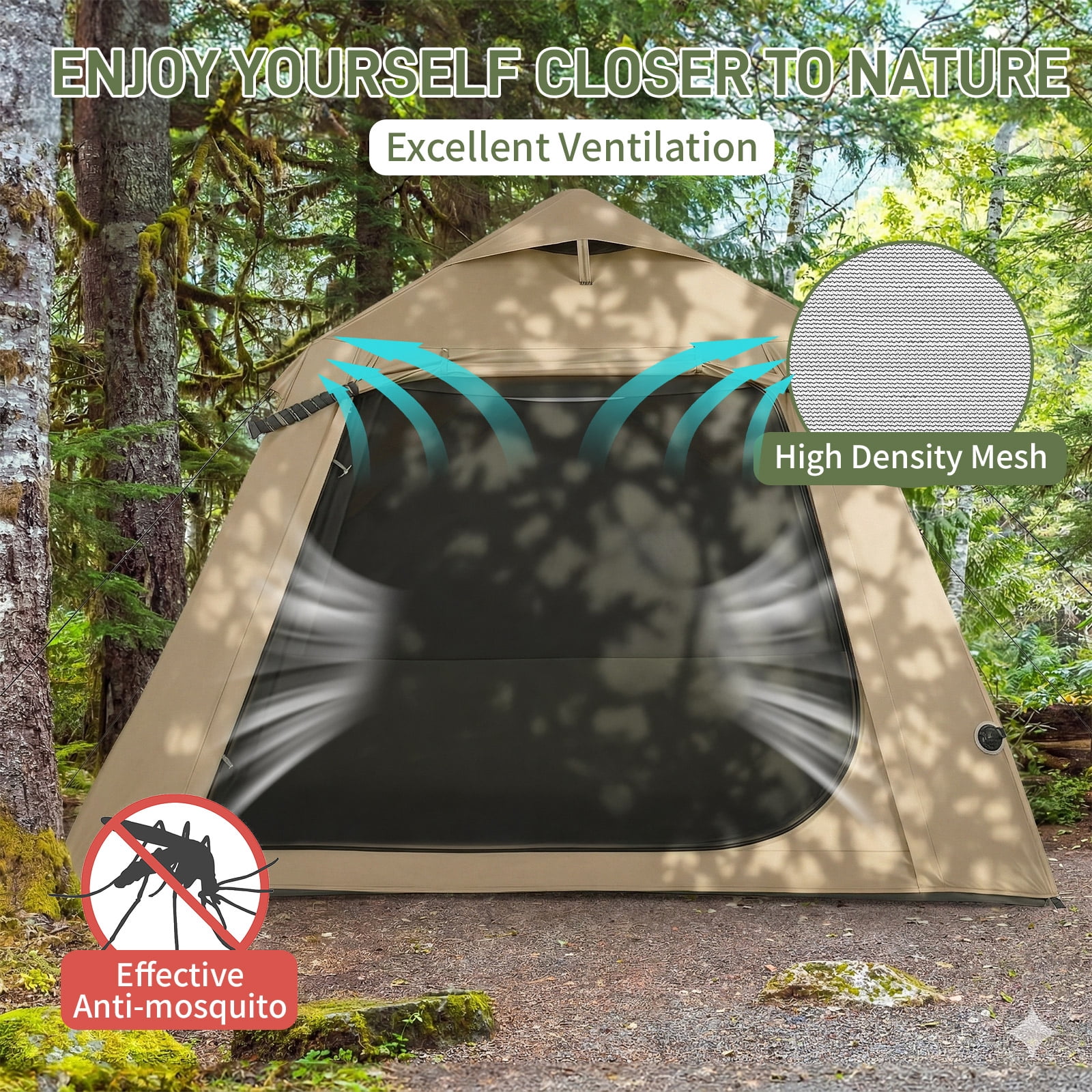 UBesGoo 2-4 People Inflatable Tent with Hand Pump for Camping, Easy Setup Air Glamping Tents with Extra Canopy, Camping Tent for Family, Khaki